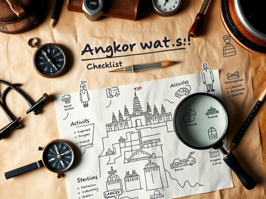 A detailed, handwritten checklist for planning an Angkor Wat adventure, with various items and icons laid out on a weathered paper background. The foreground features a compass, a map of the Angkor complex, and a magnifying glass inspecting the map. The middle ground showcases various icons representing different aspects of the trip, such as transportation, accommodation, activities, and packing essentials. The background has a subtle, vintage-inspired texture, evoking the sense of an old, well-worn travel guide. Soft, warm lighting illuminates the scene, creating a cozy, adventurous atmosphere.