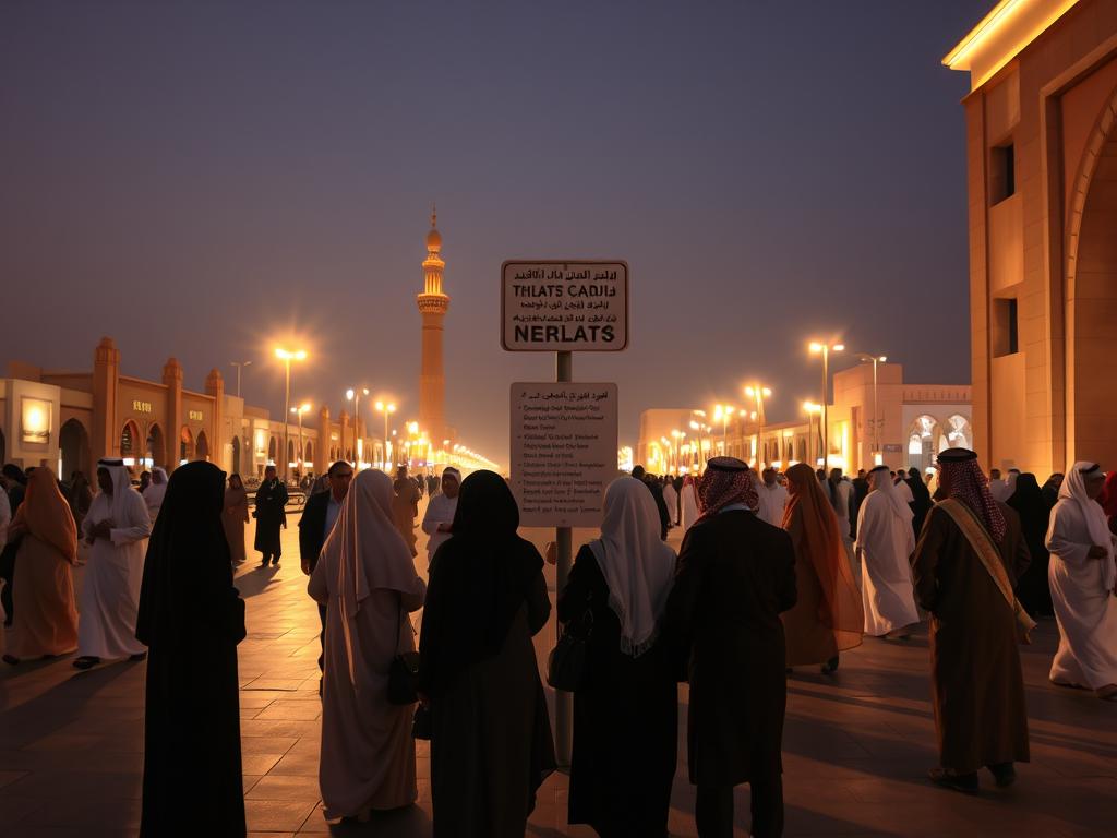 A dimly lit public square in Saudi Arabia, where women in long abayas and men in traditional thobes move with purpose. The scene is bathed in the warm glow of the setting sun, casting long shadows across the scene. In the foreground, a group of tourists pause, examining the local dress code with a mixture of curiosity and hesitation. The middle ground features a sign in Arabic and English, outlining the modest dress requirements for both genders. In the background, the iconic architecture of the region stands tall, a subtle reminder of the cultural traditions that shape daily life. The atmosphere is one of cultural immersion, where visitors are encouraged to respect local customs and blend seamlessly with the surroundings.