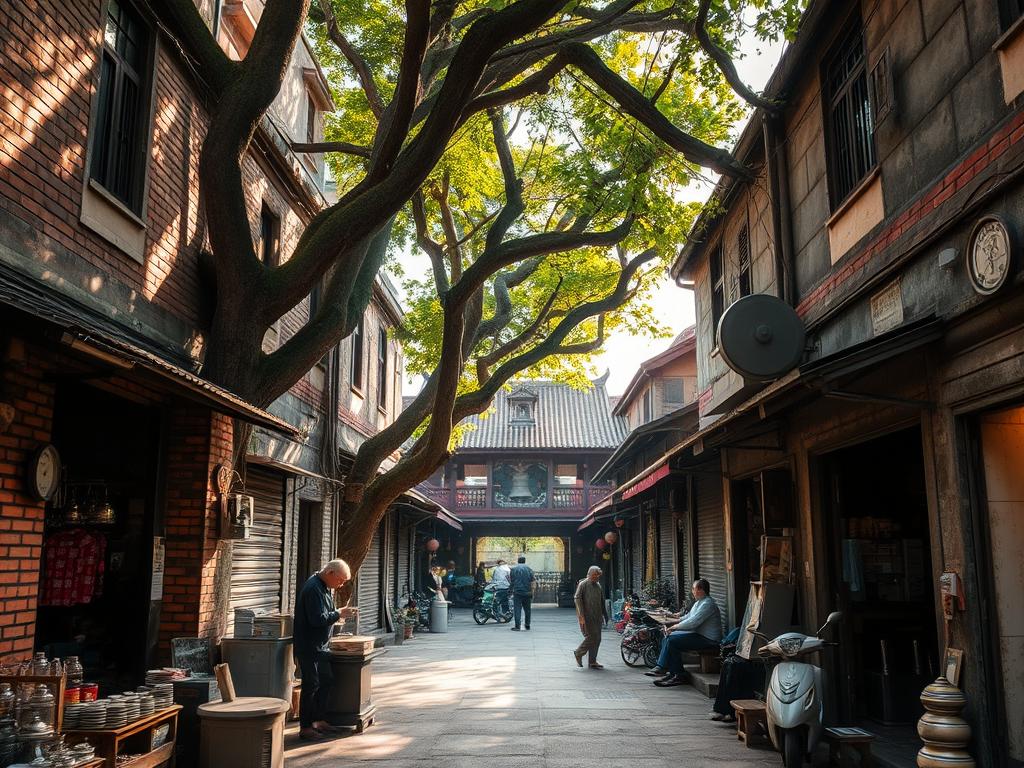 A hidden gem in the heart of Hanoi, a serene alleyway lined with centuries-old shops and homes. Sunlight filters through the canopy of ancient trees, casting a warm, golden glow over the weathered brick and stone facades. Shopkeepers tend to their wares, the air filled with the aroma of freshly brewed tea and the gentle hum of local life. In the distance, the faint chimes of a temple bell echo, a reminder of the rich cultural tapestry that weaves through this forgotten corner of the city. Capture the essence of Hanoi's hidden treasures, a timeless scene that transports the viewer to a world of tranquility amidst the bustling metropolis.
