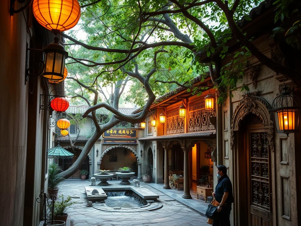 A hidden gem nestled in the historic city of Hoi An, Vietnam. A quaint alleyway lined with colorful lanterns, leading to a tucked-away courtyard adorned with intricate carvings and ornate architectural details. Soft, warm lighting filters through the canopy of ancient trees, casting a serene, magical ambiance. In the distance, the soothing sound of a flowing stream echoes, inviting visitors to pause and immerse themselves in the tranquility of this secret sanctuary. Capture the essence of Hoi An's hidden wonders, where time seems to slow down and the beauty of the past is preserved in every nook and cranny.