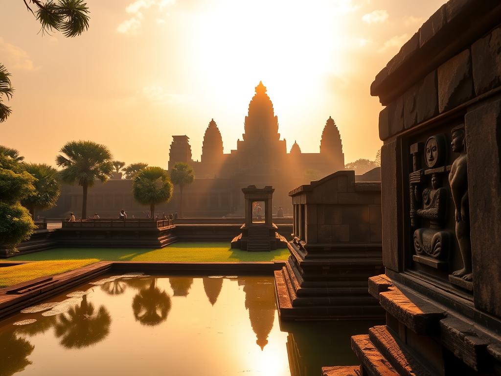 A majestic panorama of the iconic Angkor Wat temple complex, its towering spires and intricate stone architecture silhouetted against a warm, golden sky. Sunlight filters through the lush, verdant foliage, casting a soft, ethereal glow over the ancient ruins. The serene reflecting pools mirror the temples, creating a sense of timeless tranquility. Weathered stone carvings and intricate bas-reliefs adorn the temple walls, offering a glimpse into the rich cultural heritage of this revered site. The image captures the awe-inspiring scale and architectural grandeur of Angkor Wat, inviting the viewer to experience the captivating allure of this renowned Cambodian wonder.