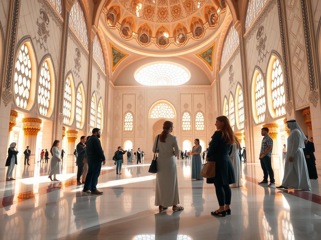 A serene and illuminated interior of the grand Sheik Zayed Mosque in Abu Dhabi. A group of visitors intently listening to a knowledgeable guide, their faces aglow with fascination as she describes the architectural marvels and cultural significance of this sacred space. Sunlight filters through the ornate windows, casting a warm, reverent glow over the immaculate marble floors and intricate patterns of the domed ceilings. The atmosphere is one of quiet contemplation, inviting the viewers to step into this captivating scene and immerse themselves in the enchanting experience of a guided tour within the breathtaking Sheik Zayed Mosque.