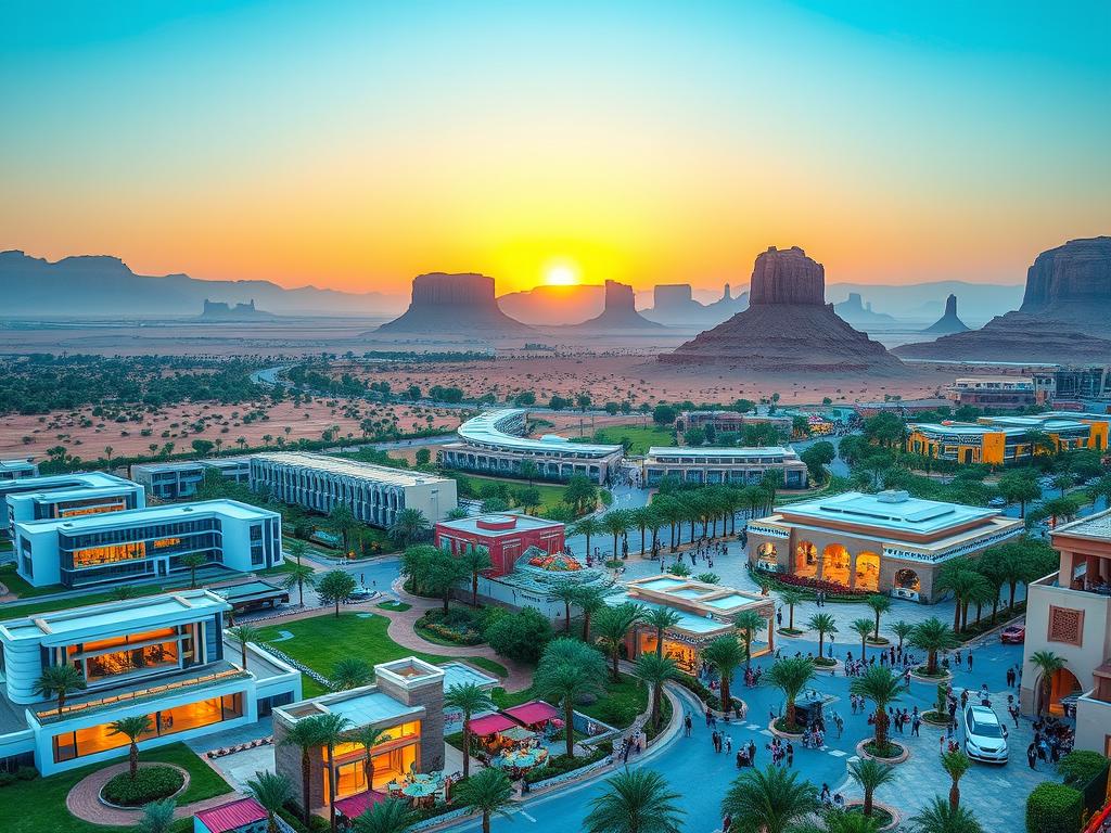 A stunning panorama of Saudi Arabia's future tourism landscape. In the foreground, sleek modern hotels and resorts nestled amid lush oases, their minimalist architecture reflecting the region's rich cultural heritage. The middle ground features bustling outdoor markets and vibrant pedestrian plazas, where locals and visitors mingle amidst the sights and sounds of a thriving tourism industry. In the background, majestic desert vistas and towering sandstone cliffs, illuminated by the warm glow of a setting sun. The scene exudes a sense of optimism and possibility, capturing the promise of Saudi Arabia's emerging position as a premier global tourist destination.