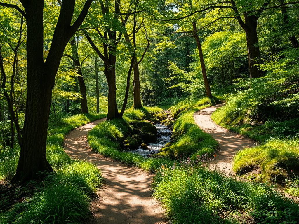 A winding dirt trail meanders through a lush, verdant naturereservat. Towering trees line the path, their branches casting dappled shadows on the ground below. In the middle distance, a small stream gurgles over mossy rocks, its gentle sounds inviting visitors to pause and take in the serene atmosphere. Sunlight filters through the canopy, illuminating the vibrant wildflowers that dot the forest floor. A sense of tranquility and exploration permeates the scene, beckoning hikers to discover the hidden wonders of this protected natural haven.