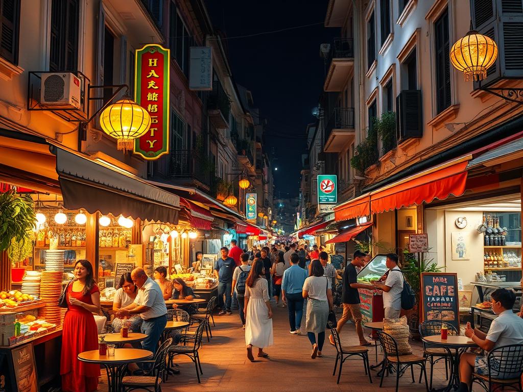 Trendige Cafés und Nachtmarkt in der Altstadt von Hanoi, Vietnam. Ein malerisches Durcheinander von bunten Laternen, dampfenden Straßenständen und gemütlichen Cafés, die in die Seitengassen der historischen Altstadt eingebettet sind. Ein warmes, goldenes Licht erhellt die Szene und wirft lange Schatten, während Menschen in traditioneller Kleidung über den Nachtmarkt schlendern und das Angebot von Lebensmitteln, Handwerk und Souvenirs bewundern. Kleine Tische und Hocker auf dem Gehweg laden zum Verweilen ein, während der Duft von frisch gebrühtem Kaffee und saftigen Mangos in der Luft liegt. Eine stimmungsvolle, authentische Darstellung der pulsierenden Energie und Lebendigkeit dieser bezaubernden Altstadt.