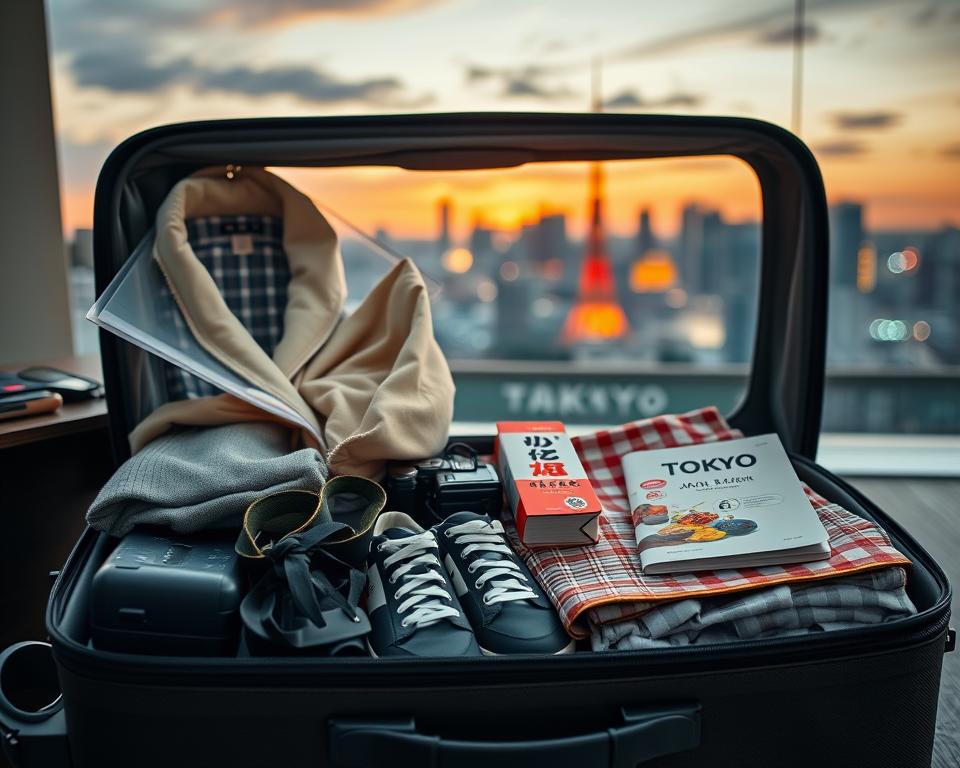A beautifully arranged packing scene for a trip to Tokyo, showcasing a stylish open suitcase filled with essentials for each season. In the foreground, neatly folded clothing items like a light jacket, an umbrella, a pair of sturdy walking shoes, and a compact guidebook. The middle layer features a folding picnic mat with traditional Japanese snacks and a portable camera, symbolizing adventure and exploration. The background includes an iconic Tokyo skyline silhouette during sunset, casting a warm, golden light over the scene. The atmosphere is inviting and vibrant, capturing the essence of Tokyo's diverse seasons. Use a shallow depth of field to focus on the packing elements, creating a dreamy, travel-inspired ambiance.