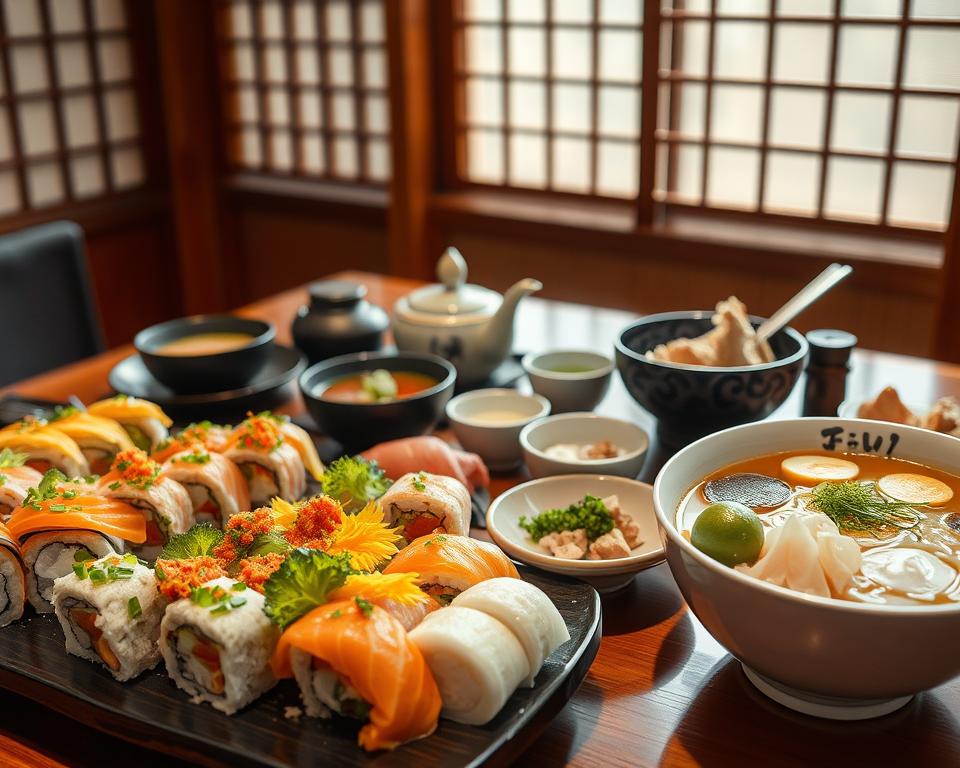 A beautifully arranged table showcasing a diverse array of traditional Japanese dishes in an elegant dining setting. In the foreground, display vibrant sushi rolls artfully crafted with fresh fish, vibrant vegetables, and delicate garnishes. Next, include bowls of steaming ramen topped with colorful ingredients, like green onions, soft-boiled eggs, and slices of tender pork. In the background, present a serene Japanese tea set, complete with matcha and delicate sweets. The setting should convey a warm ambiance, illuminated by soft, natural lighting filtering through shoji screens, creating gentle shadows. Use a slightly elevated angle to capture the details of the food and the inviting atmosphere. The overall mood should feel peaceful yet rich in cultural heritage, inviting viewers to explore the culinary delights of Japan.