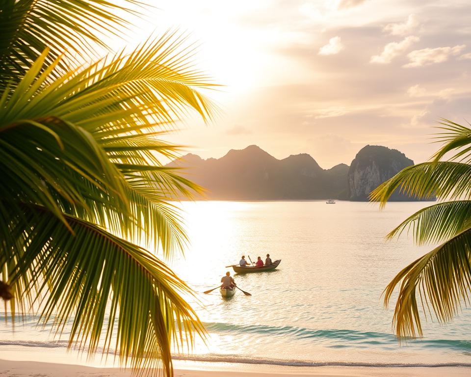 A breathtaking Indonesian island paradise under the warm glow of the golden sunset. In the foreground, lush green palm trees sway gently in the soft sea breeze, their fronds creating a natural frame for the tranquil beach. The middle ground features pristine white sand, where gentle waves lap against the shore, sparkling with hints of turquoise from the Indian Ocean. A few modestly dressed boaters can be seen enjoying a leisurely canoe ride in the clear waters, emphasizing the peaceful atmosphere. In the background, dramatic cliffs rise high against a pastel sky, scattered with wispy clouds. The overall mood is serene and idyllic, inviting viewers to escape into this tropical haven. Lighting is soft and warm, capturing the essence of a perfect tropical evening.