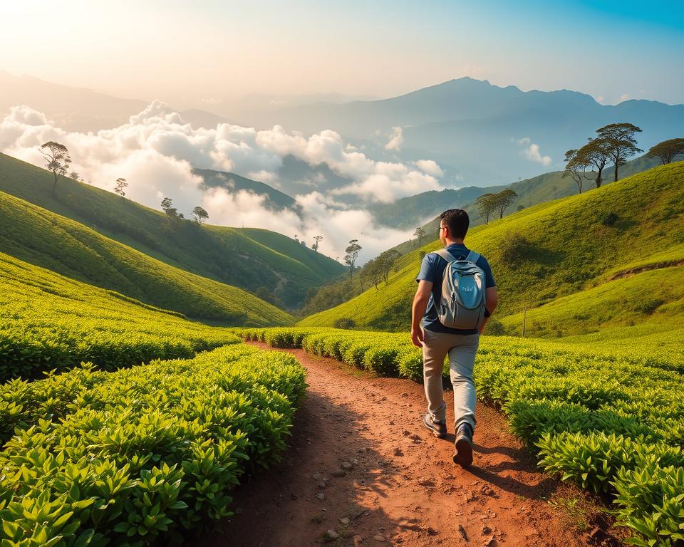 A breathtaking hiking scene in the Cameron Highlands, showcasing lush green landscapes. In the foreground, a well-trodden trail winds through vibrant tea plantations, with terraced fields sloping gently upwards. A hiker in modest casual clothing, carrying a light backpack, is captured mid-step, enjoying the serene environment. The middle ground features tall, misty hills enveloped in soft clouds, creating a sense of depth. In the background, distant mountains rise, their peaks just visible through the haze, illuminated by soft, golden morning light. The overall mood is peaceful and adventurous, inviting viewers to explore nature’s beauty in this stunning highland destination. Use a wide-angle lens to emphasize the vastness of the landscape, ensuring clarity and vibrant colors.