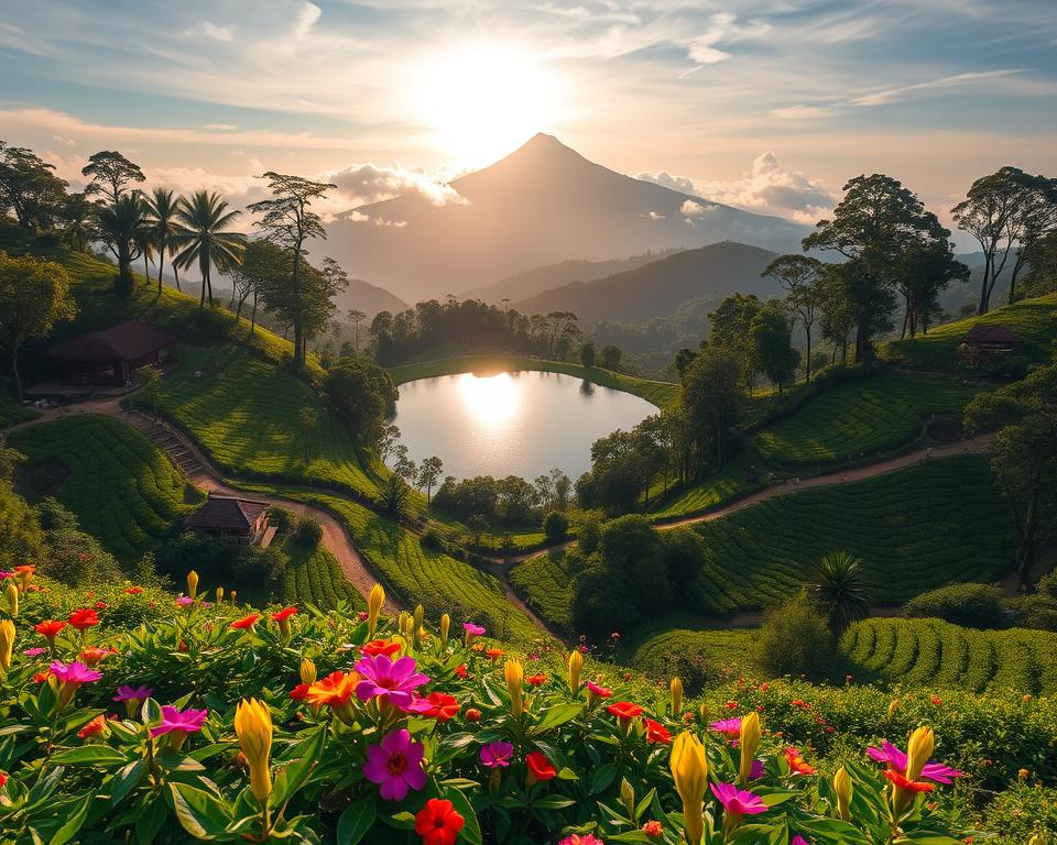 A breathtaking landscape showcasing the natural wonders surrounding Adams Peak in Sri Lanka. In the foreground, lush greenery and vibrant wildflowers create a rich tapestry of color. The middle ground features a serene lake reflecting the sky, flanked by traditional Sri Lankan architecture and warm, inviting pathways leading to small tea plantations. In the background, the iconic silhouette of Adams Peak rises majestically against a backdrop of rolling mist, capturing the essence of adventure and tranquility. Soft, golden sunlight filters through the trees, casting a warm glow over the scene, evoking a sense of peace and exploration. The image should be composed with a slight wide-angle perspective to emphasize the grandeur of the landscape, without any captions or overlays.