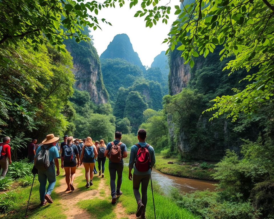 A breathtaking scene depicting a day trip in Phong Nha-Ke Bang National Park, Vietnam. In the foreground, a group of adventurous tourists in modest casual clothing, equipped with hiking gear, explore a lush green pathway leading into the dense jungle. In the middle ground, stunning limestone karsts rise majestically, partially covered in vibrant foliage, while a small, tranquil river reflects the rich greenery. In the background, the sky is bright with soft sunlight filtering through the leaves, creating a warm, inviting atmosphere. Capture the essence of exploration and nature’s grandeur with a wide-angle perspective that emphasizes the impressive scale of the landscape. The overall mood should evoke a sense of adventure and peace in this natural wonder. A breathtaking scene depicting a day trip in Phong Nha-Ke Bang National Park, Vietnam. In the foreground, a group of adventurous tourists in modest casual clothing, equipped with hiking gear, explore a lush green pathway leading into the dense jungle. In the middle ground, stunning limestone karsts rise majestically, partially covered in vibrant foliage, while a small, tranquil river reflects the rich greenery. In the background, the sky is bright with soft sunlight filtering through the leaves, creating a warm, inviting atmosphere. Capture the essence of exploration and nature’s grandeur with a wide-angle perspective that emphasizes the impressive scale of the landscape. The overall mood should evoke a sense of adventure and peace in this natural wonder.