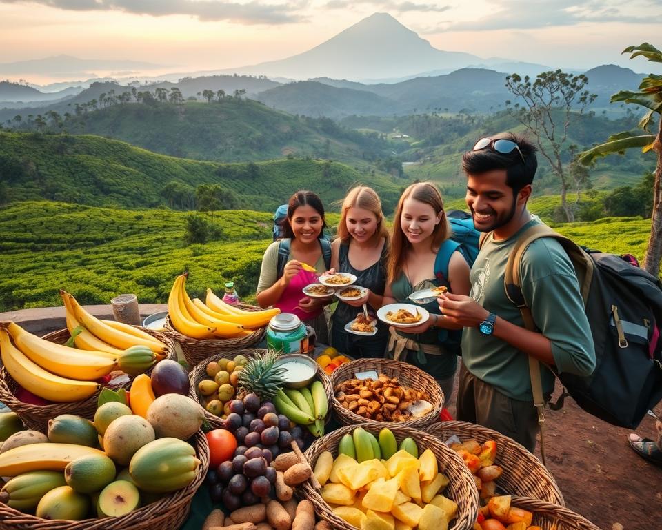 A breathtaking view along the trail to Adam's Peak in Sri Lanka, capturing the essence of culinary experiences. In the foreground, a vibrant local vendor's stall displays an array of fresh tropical fruits and local delicacies, beautifully arranged on woven baskets. The middle ground features hikers, dressed in modest casual clothing, savoring the dishes; their expressions show delight and curiosity. Lush greenery and tea plantations fill the background, accentuated by the iconic silhouette of Adam's Peak rising majestically in the distance. Soft, warm golden hour lighting casts a gentle glow, enhancing the colors and textures of the food. The overall mood is inviting and adventurous, creating a sense of discovery and enjoyment in this unique culinary journey.