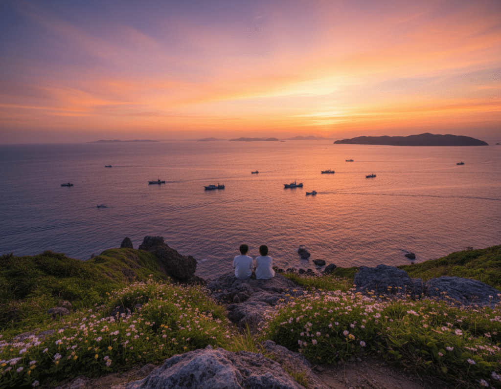A breathtaking view from a high vantage point on Aka Island, capturing a vibrant sunset that casts warm hues of orange, pink, and purple across the sky. In the foreground, a rocky outcrop dotted with lush greenery and small wildflowers frames the scene, while a couple dressed in light casual attire enjoys the moment, gazing out over the horizon. The middle ground reveals the expansive ocean, dotted with small boats returning to shore, reflecting the shimmering colors of the sunset. In the background, the silhouettes of distant islands create a stunning contrast against the colorful sky. The scene is illuminated with soft, golden lighting, evoking a serene and romantic atmosphere. The angle of the shot emphasizes the depth of the landscape and the vastness of the sea, inviting viewers to immerse themselves in the beauty of the moment.