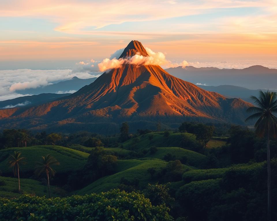 A breathtaking view of Adams Peak in Sri Lanka during the golden hour, capturing the dramatic, steep, conical shape of the mountain rising majestically against the sky. In the foreground, lush greenery and vibrant tea plantations stretch out, bathed in soft, warm light. The middle ground showcases a well-defined silhouette of the mountain with clouds gently wrapping around its peak. In the background, vibrant orange and pink hues of the sunset blend with a clear blue sky. The atmosphere is serene and mystical, evoking a sense of adventure and tranquility. The image is framed with a wide-angle perspective, emphasizing the grandeur of the landscape, ensuring a focus on both the mountain and the lush surroundings without any text or watermarks. Perfect for photography enthusiasts seeking tips for capturing this stunning location.