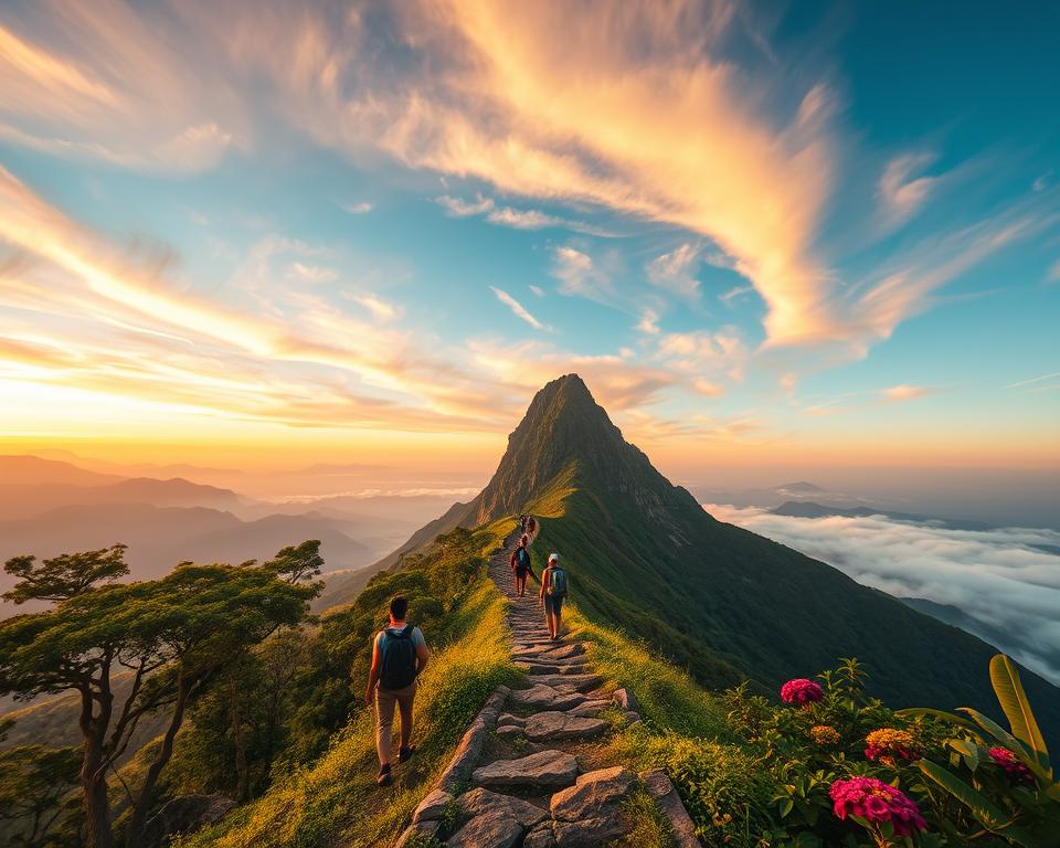 A breathtaking view of Adams Peak in Sri Lanka during the golden hours of sunrise, capturing the peak's distinct pyramid shape rising majestically above lush green valleys. In the foreground, a winding path leads to the summit, surrounded by vibrant flora, including tropical trees and vibrant flowers that bloom in the early morning light. The middle ground features local hikers, dressed in modest casual clothing, ascending the trail, their silhouettes softly illuminated by the warm sunlight. The background showcases a dramatic sky with swirling clouds painted in shades of orange and pink, while distant mountains fade into the horizon. Soft mist lingers in the valleys below, creating a serene and mystical atmosphere. The composition is framed using a wide-angle lens to emphasize the grandeur of the peak and the surrounding landscape. Aim for a tranquil yet inspiring mood, evoking a sense of adventure and spiritual connection.