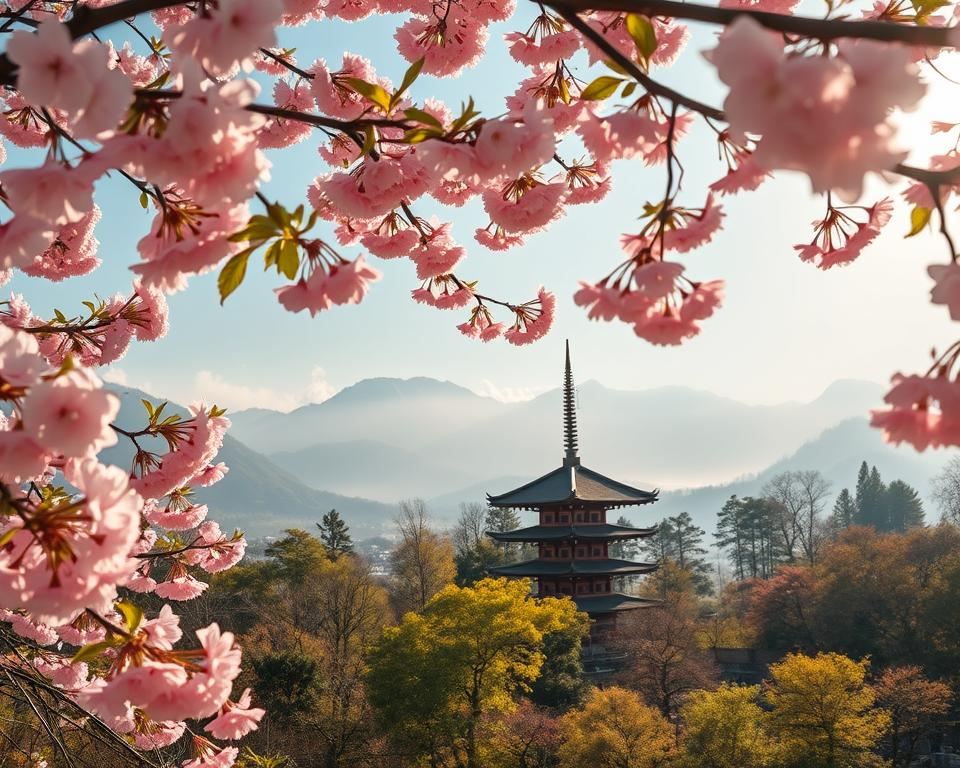 A breathtaking view of Japan in spring, featuring blooming cherry blossom trees in the foreground, their delicate pink petals dancing in the gentle breeze. In the middle ground, a serene traditional Japanese pagoda stands gracefully amid lush greenery, with soft sunlight streaming through the leaves, casting dappled shadows on the ground. The background showcases majestic mountains, partially veiled by mist, creating a dreamy atmosphere. The scene is illuminated by warm, golden hour lighting, enhancing the tranquil and inviting mood. Capture this picturesque landscape with a wide-angle lens, emphasizing the vibrant colors and harmony of nature. The overall composition should evoke a feeling of peace and the beauty of travel in Japan during its most enchanting season.