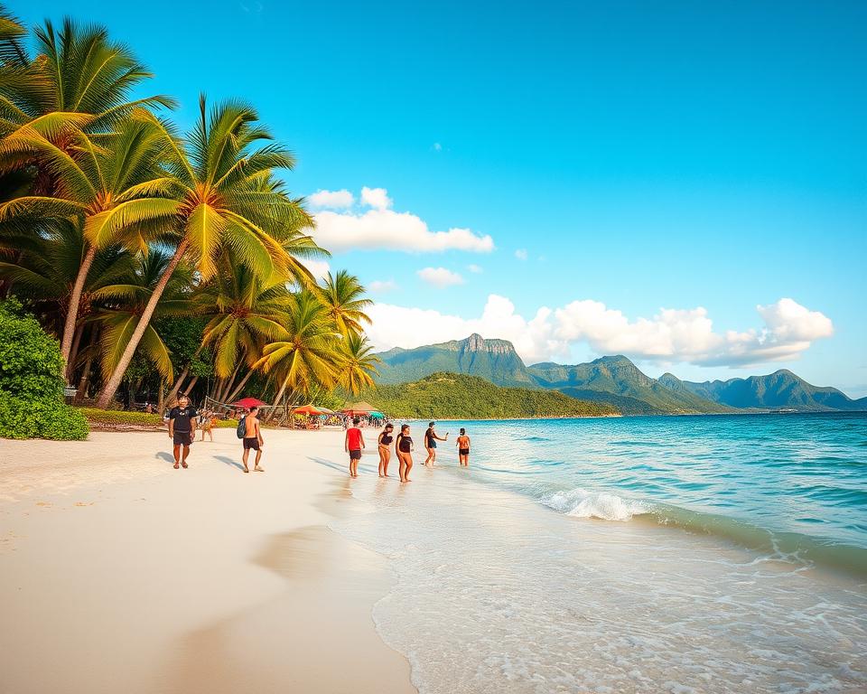A breathtaking view of Pulau Tioman, showcasing a vibrant tropical landscape. In the foreground, an inviting sandy beach with soft waves gently lapping at the shore. A group of tourists in modest casual attire are engaging in activities like snorkeling and beach volleyball, blending joyfully into the scene. The middle ground features lush green palm trees and colorful beach umbrellas, providing shade and a vacation vibe. In the background, the majestic mountains of Tioman rise against a clear blue sky dotted with fluffy white clouds. The lighting is warm and bright, reminiscent of midday sun, lending an inviting atmosphere. Capture this idyllic scene with a wide-angle perspective to highlight the beauty and allure of day trips and activities on the island. A breathtaking view of Pulau Tioman, showcasing a vibrant tropical landscape. In the foreground, an inviting sandy beach with soft waves gently lapping at the shore. A group of tourists in modest casual attire are engaging in activities like snorkeling and beach volleyball, blending joyfully into the scene. The middle ground features lush green palm trees and colorful beach umbrellas, providing shade and a vacation vibe. In the background, the majestic mountains of Tioman rise against a clear blue sky dotted with fluffy white clouds. The lighting is warm and bright, reminiscent of midday sun, lending an inviting atmosphere. Capture this idyllic scene with a wide-angle perspective to highlight the beauty and allure of day trips and activities on the island.