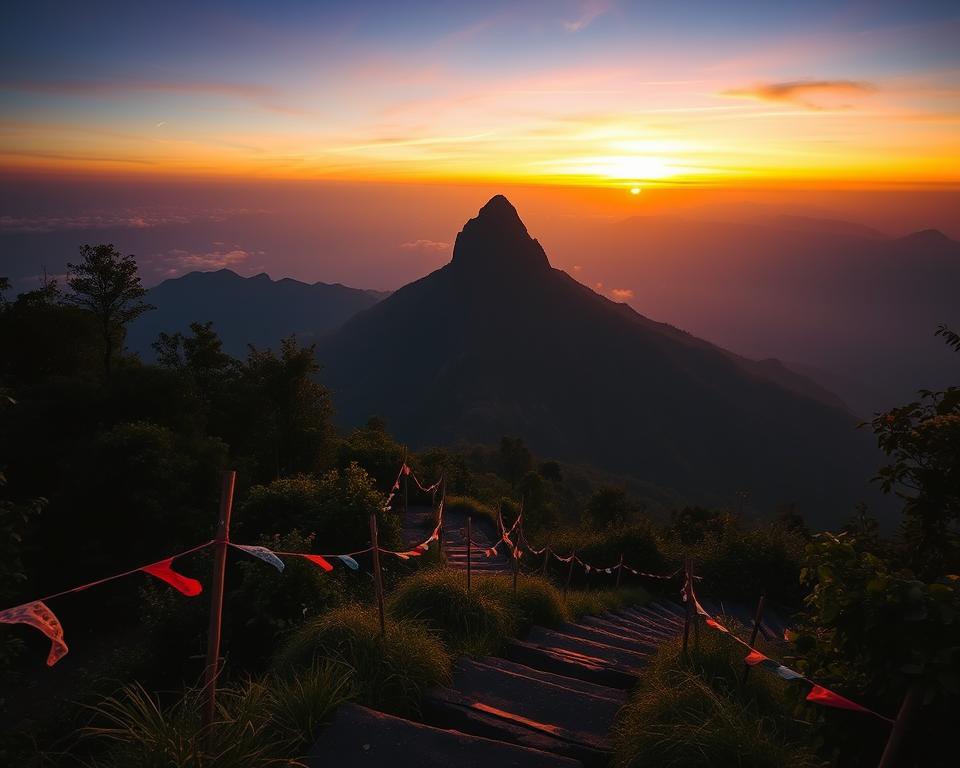 A breathtaking view of Sri Pada, also known as Adams Peak, at dawn, with soft golden light illuminating the lush greenery surrounding the mountain. In the foreground, a winding path leads upward, lined with small, decorative prayer flags fluttering gently in the breeze, adding a touch of spirituality. The middle ground features the iconic silhouette of Adams Peak rising majestically, its summit gently shrouded in mist, giving it an ethereal quality. In the background, a vibrant sky transitions from deep indigo to a warm orange hue as the sun begins to rise. The atmosphere is serene and reverent, inviting contemplation and reflection, capturing the spiritual significance of this sacred site. The composition is framed from a low angle, emphasizing the grandeur of the mountain, with a wide lens to include the expanse of nature surrounding it.