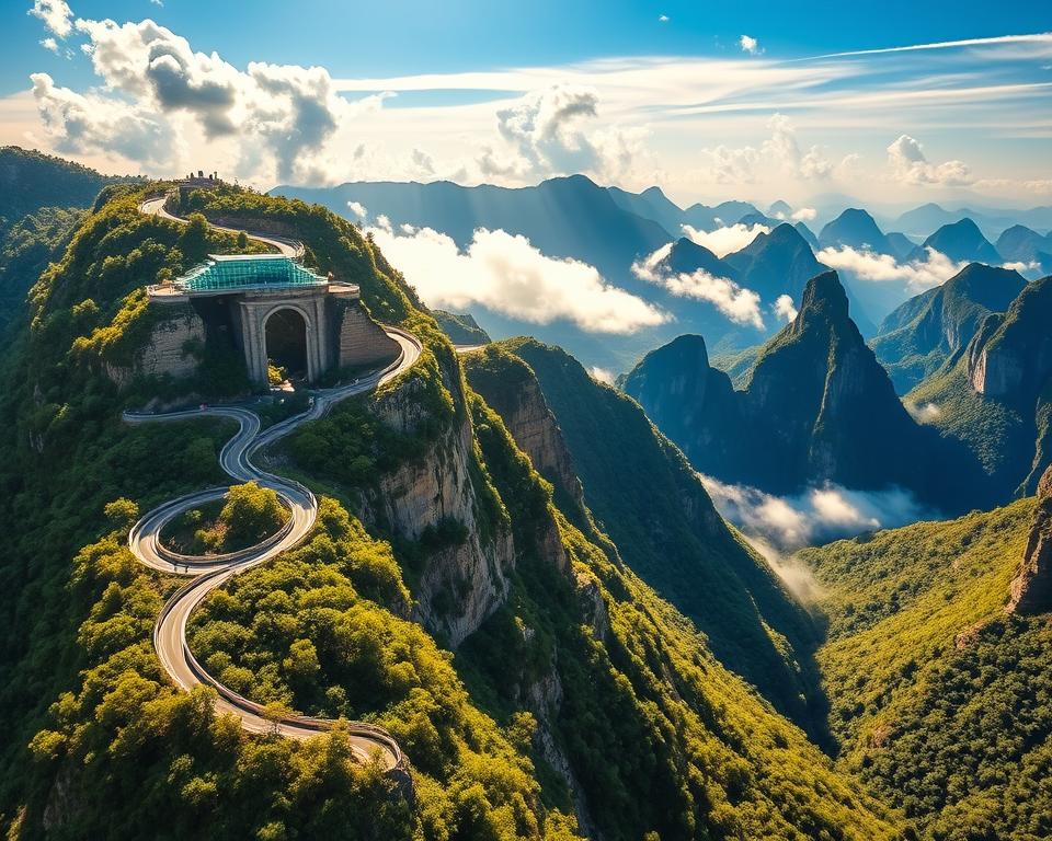 A breathtaking view of Tianmen Mountain, showcasing the iconic Heaven's Gate arch perched high atop a lush green cliff. In the foreground, a winding road with 99 hairpin turns snakes up the mountain, leading to a spectacular glass skywalk that appears to float above the forest. The middle ground features a vibrant, sunlit landscape filled with dense trees and an ethereal mist rolling through the valleys. In the background, dramatic limestone peaks rise against a brilliant blue sky, accentuated by soft, fluffy clouds. The scene is illuminated by warm, golden sunlight casting long shadows, creating a serene and adventurous atmosphere. Use a wide-angle lens to capture the grandeur of the landscape, emphasizing the heights and the thrill of the journey.