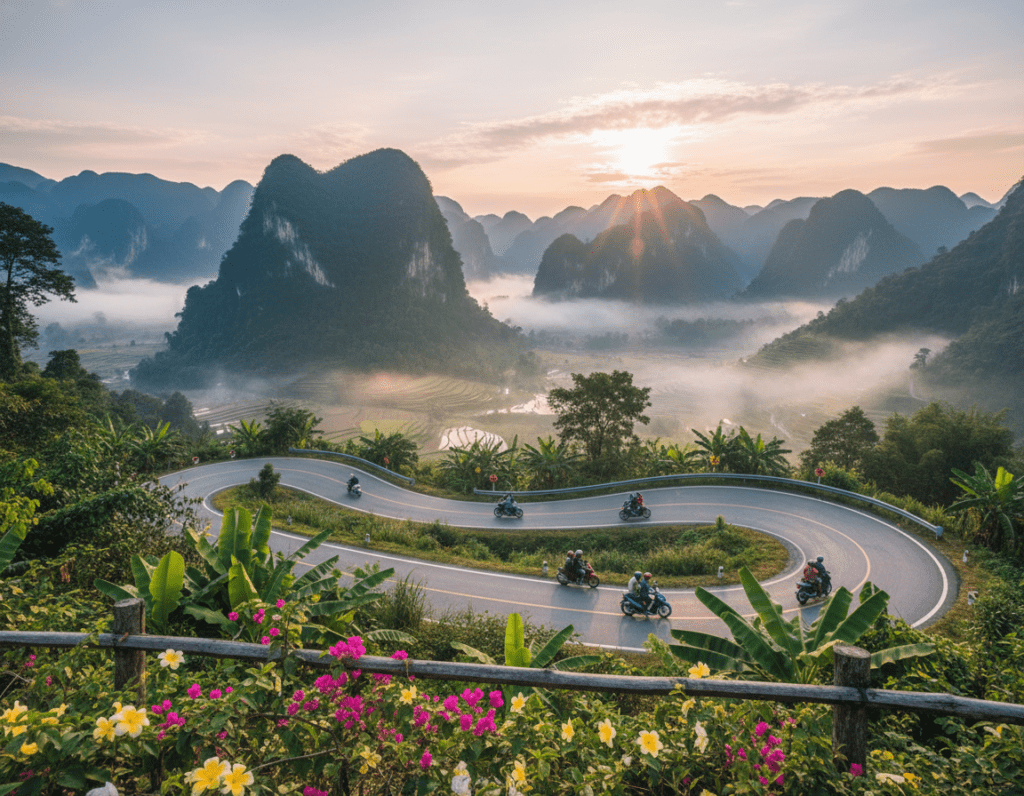 A breathtaking view of the Giang Loop in Vietnam, showcasing a winding road that elegantly curves through lush green mountainous terrain. In the foreground, vibrant wildflowers and tropical foliage frame the scene, while a misty morning fog adds a layer of mystery. The middle ground features the serpentine road, with a few colorful motorbikes and local travelers dressed in modest casual clothing, navigating the twists and turns. In the background, majestic limestone mountains rise against a soft, pastel sky at dawn, basking in warm golden sunlight that filters through the trees, creating a serene and inviting atmosphere. The image captures the essence of travel through this scenic route, inspiring adventure and exploration.