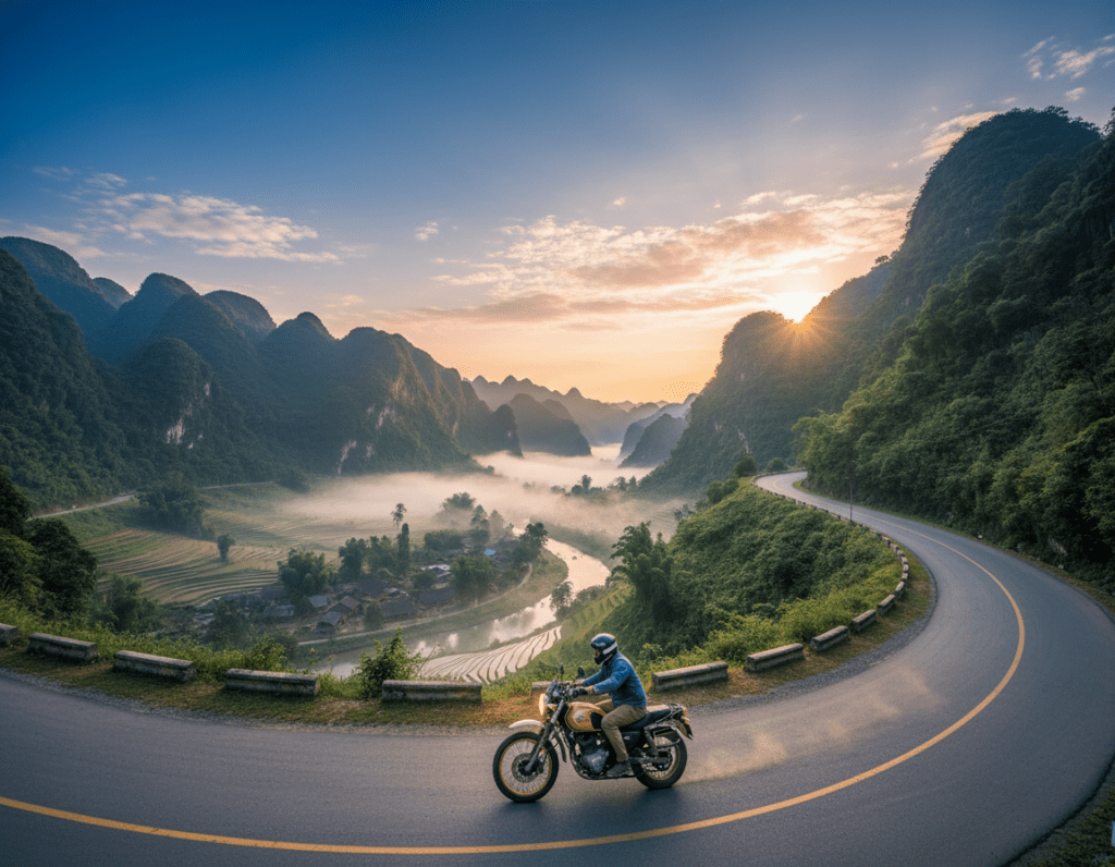 A breathtaking view of the Hang Giang Loop in Vietnam during early morning light, capturing a winding, scenic road framed by lush green mountains and vibrant tropical foliage. In the foreground, a motorcycle with a rider dressed in modest casual clothing takes a sharp turn, showcasing the thrill of the journey. The middle ground features steep cliffs and rice terraces, with a subtle mist rising from the valley below, evoking a sense of adventure and exploration. In the background, a clear blue sky gradually transitions into soft hues of sunrise, infusing the scene with a warm, inviting atmosphere. The composition should be shot from a dynamic angle, emphasizing the road's curves and the exhilarating essence of road travel. No text or watermarks present.