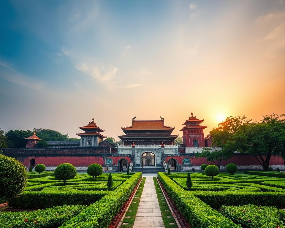 A breathtaking view of the Kaiserliche Zitadelle Hue, showcasing the intricate architecture and vibrant colors of its ancient walls. In the foreground, lush green gardens with meticulously maintained pathways lead to the citadel gates. The midground features the grand entrance of the Forbidden Purple City, adorned with decorative rooftops and traditional Vietnamese motifs. In the background, a soft blue sky glimmers with a warm golden hue from the setting sun, casting a serene light over the historical site. The atmosphere is peaceful yet majestic, inviting viewers to contemplate the rich history of this UNESCO World Heritage site. The image should capture the essence of Vietnamese culture, with no human figures present.