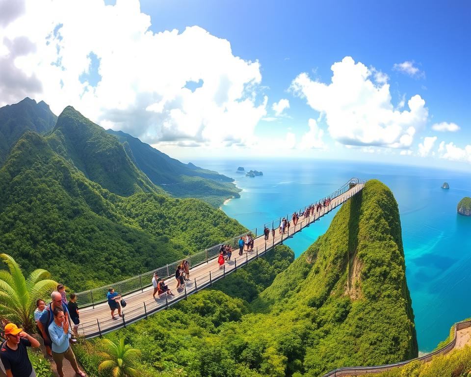 A breathtaking view of the Langkawi Sky Bridge, gracefully arching high above lush green mountains. In the foreground, a panoramic perspective showcases the bridge with tourists in casual attire, enjoying the stunning scenery. The middle ground features vibrant tropical foliage, adding depth to the landscape. In the background, the azure sea sparkles under a bright blue sky scattered with fluffy white clouds, enhancing the sense of elevation. The lighting captures a warm, golden hour glow, creating a tranquil and inviting atmosphere. The scene is framed as if shot with a wide-angle lens, providing an immersive experience of this natural wonder and outdoor adventure. A breathtaking view of the Langkawi Sky Bridge, gracefully arching high above lush green mountains. In the foreground, a panoramic perspective showcases the bridge with tourists in casual attire, enjoying the stunning scenery. The middle ground features vibrant tropical foliage, adding depth to the landscape. In the background, the azure sea sparkles under a bright blue sky scattered with fluffy white clouds, enhancing the sense of elevation. The lighting captures a warm, golden hour glow, creating a tranquil and inviting atmosphere. The scene is framed as if shot with a wide-angle lens, providing an immersive experience of this natural wonder and outdoor adventure.