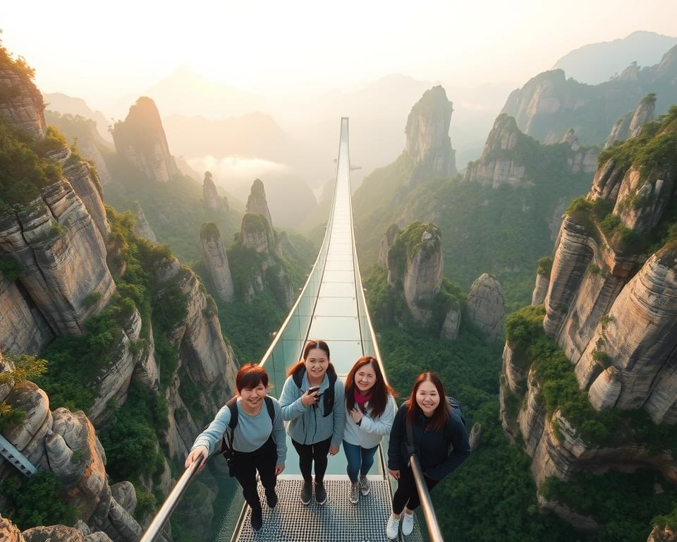 A breathtaking view of the Zhangjiajie Glass Bridge, suspended dramatically between towering sandstone pillars of Zhangjiajie National Forest Park. In the foreground, the transparent glass walkway allows visitors to gaze down at the lush green valley below, heightening the sense of thrill. The middle ground features tourists in modest casual clothing, happily capturing the moment, their expressions reflecting excitement and awe. The background showcases a stunning sunset casting warm golden hues over the rugged cliffs and misty mountains, creating an enchanting atmosphere. The scene is illuminated with soft, diffused lighting to enhance the magical feel of the landscape. Capture this moment from a slightly elevated angle to emphasize the height and grandeur of the bridge, highlighting its stunning architectural design against the natural beauty surrounding it.