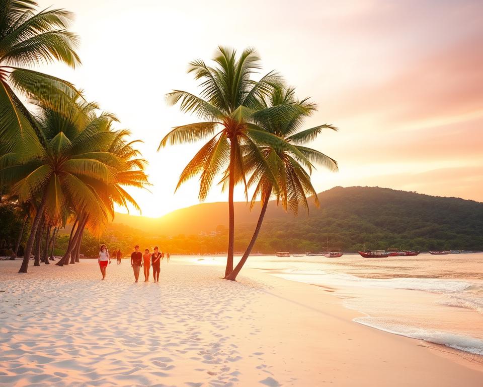 A breathtaking view of the pristine beaches of South Vietnam, bathed in the warm golden glow of a late afternoon sun. In the foreground, soft white sands lapped by gentle waves create a serene atmosphere. A few modestly dressed tourists stroll along the shoreline, enjoying the tranquility. In the middle ground, vibrant green palm trees sway lightly in the breeze, framing the scene. The background features a lush, verdant landscape with gently rolling hills and hints of traditional fishing boats on the horizon. The sky is a blend of soft pink and orange hues, reflecting a peaceful sunset. The image captures the essence of relaxation at the beach, inviting viewers to immerse themselves in the beauty of Southern Vietnam's coastline.
