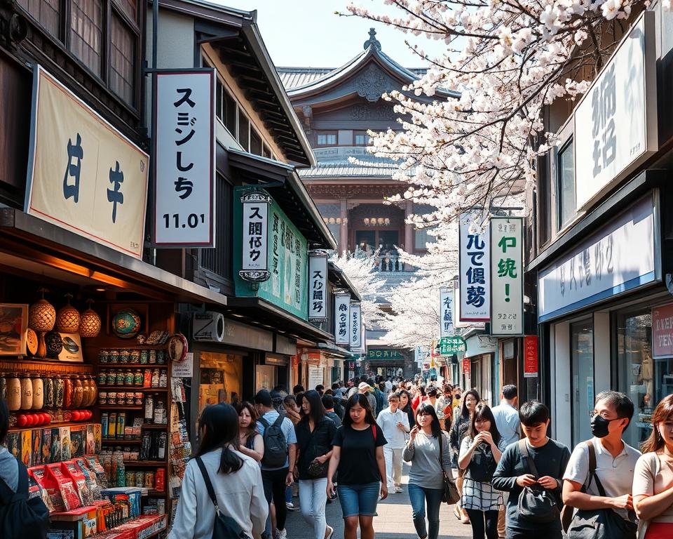A bustling Japanese shopping street during the day, featuring a vibrant mix of traditional and modern stores. In the foreground, shoppers of diverse backgrounds wearing casual, stylish attire are browsing colorful stalls filled with souvenirs, such as ukiyo-e prints, handcrafted pottery, and local snacks. In the middle ground, sleek electronic stores display the latest gadgets, while banners promoting special sales flutter above. The background showcases iconic Japanese architecture with cherry blossoms in bloom, creating a picturesque contrast. Soft, natural daylight bathes the scene, highlighting the excitement and energy of the shopping experience. The overall atmosphere is lively and welcoming, capturing the essence of shopping in Japan.