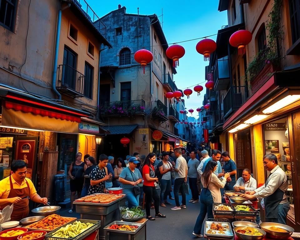 A bustling scene of Hanoi's Old Quarter, showcasing narrow, winding streets filled with traditional Asian architecture. In the foreground, a vibrant street food stall with colorful ingredients, where a chef in modest casual clothing prepares delicious local dishes. The middle ground features a mix of locals and tourists enjoying the atmosphere, some seated at tiny tables, savoring their meals. In the background, historic buildings with faded yellow facades, flowering balconies, and red lanterns hanging in the warm evening light. The sky transitions to a twilight blue, casting a soft glow. The mood is lively and inviting, capturing the essence of culture, history, and culinary delights in Hanoi. The angle is slightly elevated, giving a clear view of the street unfolding below. A bustling scene of Hanoi's Old Quarter, showcasing narrow, winding streets filled with traditional Asian architecture. In the foreground, a vibrant street food stall with colorful ingredients, where a chef in modest casual clothing prepares delicious local dishes. The middle ground features a mix of locals and tourists enjoying the atmosphere, some seated at tiny tables, savoring their meals. In the background, historic buildings with faded yellow facades, flowering balconies, and red lanterns hanging in the warm evening light. The sky transitions to a twilight blue, casting a soft glow. The mood is lively and inviting, capturing the essence of culture, history, and culinary delights in Hanoi. The angle is slightly elevated, giving a clear view of the street unfolding below.