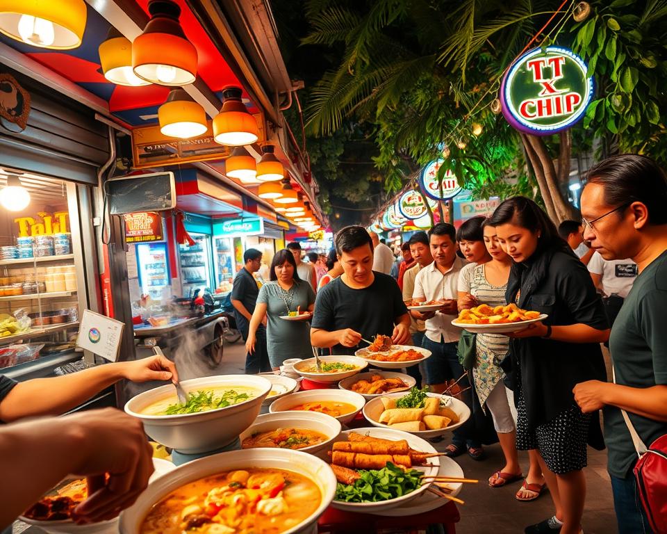 A bustling street food scene in Southeast Asia, featuring a vibrant night market filled with colorful stalls. In the foreground, a local vendor expertly prepares steaming bowls of pho, garnished with fresh herbs and vibrant vegetables. The middle ground showcases patrons, including diverse individuals dressed in modest casual clothing, delicately balancing plates of satay skewers and fried spring rolls, all illuminated by warm, inviting lights. The background bursts with the glow of neon signs and lush tropical foliage, creating a lively yet immersive atmosphere. The perspective captures the energy of the scene, with a slightly tilted angle to emphasize the dynamic movement and rich textures of the food. The overall mood is festive and inviting, embodying the culinary discoveries of a Southeast Asia journey.