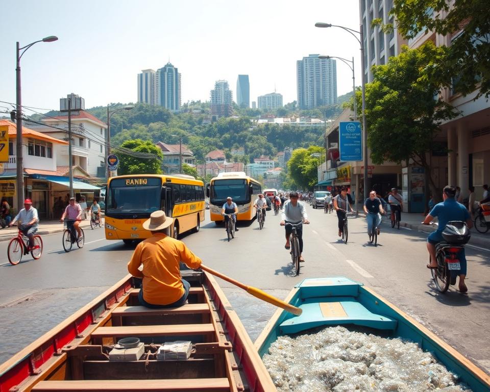 A bustling street in Kuching, Borneo, showcasing various modes of transportation. In the foreground, a colorful, traditional wooden sampan glides along the river, with a local person in modest casual attire, paddling. The middle ground features a lively street scene with cyclists on bicycles, a modern bus, and a taxi. Scattered among the transport options, pedestrians dressed in smart casual clothing navigate the sidewalks. In the background, lush green hills and distinctive Kuching skyline buildings. Soft, warm sunlight bathes the scene, creating a vibrant atmosphere and accentuating the rich cultural blend of urban and traditional life. The angle is slightly elevated, giving a comprehensive view of this dynamic transport hub without any text or distractions.