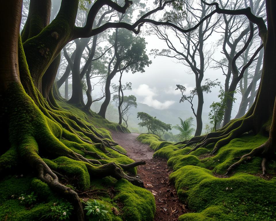 A lush, mossy forest in the Cameron Highlands, enveloped in soft, ethereal fog. In the foreground, vibrant green moss carpets the ground, interspersed with ferns and small delicate flowers, while ancient trees with gnarled roots create a sense of age and mystery. The middle ground features a winding path leading deeper into the forest, illuminated by diffused sunlight breaking through the canopy, casting dappled patterns on the earthy floor. In the background, a panoramic view of the misty highlands can be glimpsed above the treetops, revealing rolling hills shrouded in clouds. The atmosphere is one of tranquility and enchantment, evoking a sense of adventure and calm. The image is captured with a wide-angle lens to encapsulate the breathtaking scenery, emphasizing depth and the vastness of nature.