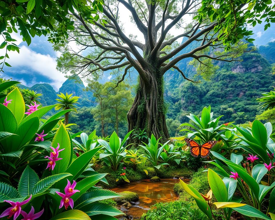 A lush, vibrant scene depicting the unique flora and fauna of Phong Nha-Ke Bang National Park in Vietnam. In the foreground, a variety of exotic plants, including large ferns and colorful orchids, create a rich tapestry of greens and blooms. A majestic tropical tree stands proudly, showcasing its broad canopy. In the middle ground, delicate butterflies flutter around a small, tranquil stream reflecting the vivid hues of the surrounding foliage. The background features towering limestone karsts shrouded in mist, with patches of dense jungle visible. Soft, dappled sunlight filters through the leaves, casting gentle shadows that enhance the serene atmosphere. Capture this biodiversity with a wide-angle lens to emphasize depth and detail. Overall, the image should evoke a sense of adventure and tranquility in a pristine natural environment. A lush, vibrant scene depicting the unique flora and fauna of Phong Nha-Ke Bang National Park in Vietnam. In the foreground, a variety of exotic plants, including large ferns and colorful orchids, create a rich tapestry of greens and blooms. A majestic tropical tree stands proudly, showcasing its broad canopy. In the middle ground, delicate butterflies flutter around a small, tranquil stream reflecting the vivid hues of the surrounding foliage. The background features towering limestone karsts shrouded in mist, with patches of dense jungle visible. Soft, dappled sunlight filters through the leaves, casting gentle shadows that enhance the serene atmosphere. Capture this biodiversity with a wide-angle lens to emphasize depth and detail. Overall, the image should evoke a sense of adventure and tranquility in a pristine natural environment.