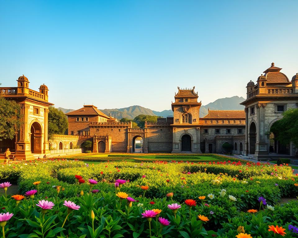 A majestic view of "Kaiserliche Zitadelle Hue" in Vietnam, showcasing its intricate architecture and vibrant historical significance. In the foreground, include lush green gardens with beautifully arranged flowers, providing a vivid contrast to the stone structures. The middle ground features the grand citadel itself, highlighting its imposing walls and intricate gates adorned with traditional Vietnamese motifs. In the background, soft, rolling hills under a clear blue sky frame the scene, enhancing the tranquil atmosphere. Use warm, golden lighting to emulate the glow of late afternoon sunlight, casting gentle shadows that accentuate the citadel’s details. The perspective should be slightly elevated, giving a comprehensive view of this UNESCO World Heritage site, inspiring awe and curiosity about its rich history.