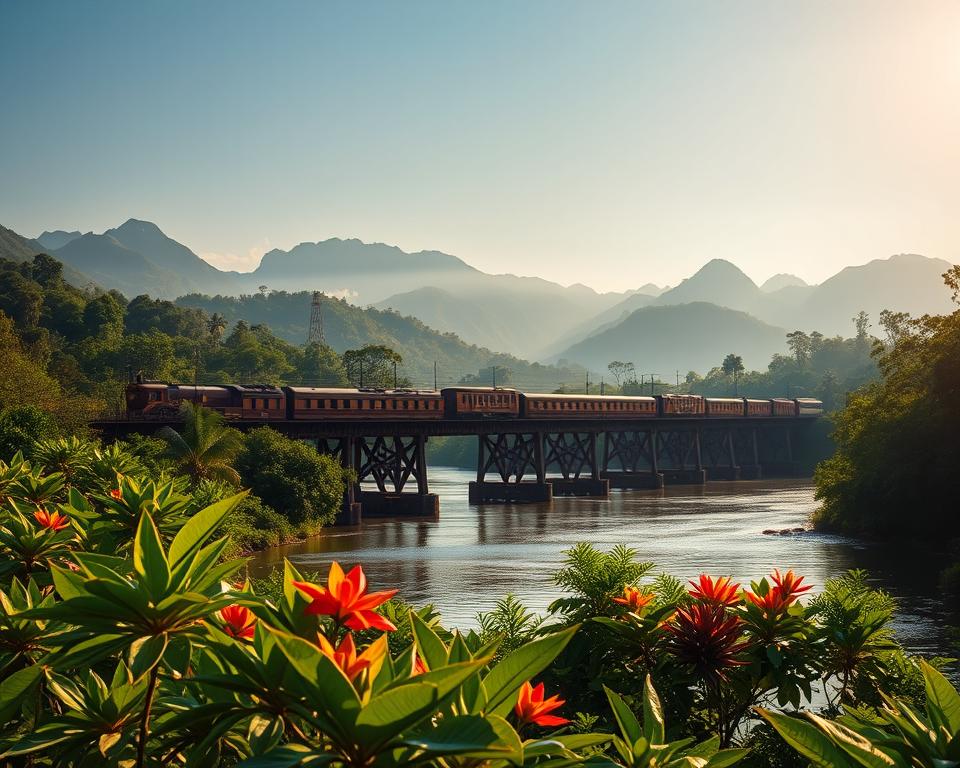 A majestic view of the Bridge over the River Kwai, set against a lush, tropical landscape. In the foreground, the tranquil river reflects the shimmering sunlight, surrounded by vibrant green foliage and tropical flowers. The middle ground features the iconic wooden bridge, with intricate details of its structure prominently displayed, as trains pass over it. In the background, misty mountains rise under a clear blue sky, enhancing the serene atmosphere. The scene is bathed in warm, golden light of a late afternoon, creating a peaceful and nostalgic mood. Capture this landscape from a slightly elevated angle to emphasize the bridge’s grandeur and the surrounding natural beauty. The image should evoke a sense of adventure and historic significance, inviting viewers to explore this remarkable site.