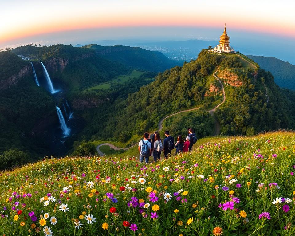 A panoramic view of Doi Inthanon, showcasing its lush, green highlands and majestic waterfalls cascading down rocky cliffs. In the foreground, a vibrant wildflower meadow bursts with colors, inviting exploration. The middle ground features a serene hiking trail winding through dense forests, where a small group of modestly dressed tourists, equipped with backpacks, admire the scenery. In the background, the iconic Doi Inthanon summit crowned with a golden pagoda glistens in the soft, warm glow of late afternoon sunlight. The sky is painted in pastel hues of orange and pink as the sun sets, creating a tranquil and inviting atmosphere. Capture this scene with a wide-angle lens to emphasize the vastness of the landscape, focusing on natural beauty and serenity, ideal for a travel article.