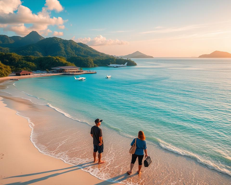 A picturesque aerial view of Langkawi, Malaysia, highlighting its lush green islands and clear turquoise waters. In the foreground, a serene, sandy beach with gentle waves lapping at the shore, dotted with a couple of professional travelers in modest attire watching the horizon. The middle ground showcases a small airport terminal with stylish architecture and a few planes on the tarmac, indicating connectivity. In the background, scenic hills and dense tropical foliage create a vibrant contrast against the sky. The lighting is warm and inviting, with a golden hue from a setting sun, casting long shadows and enhancing the tranquil atmosphere. The image is shot from a slight angle, emphasizing both the beauty of the landscape and the ease of travel to this tropical paradise. A picturesque aerial view of Langkawi, Malaysia, highlighting its lush green islands and clear turquoise waters. In the foreground, a serene, sandy beach with gentle waves lapping at the shore, dotted with a couple of professional travelers in modest attire watching the horizon. The middle ground showcases a small airport terminal with stylish architecture and a few planes on the tarmac, indicating connectivity. In the background, scenic hills and dense tropical foliage create a vibrant contrast against the sky. The lighting is warm and inviting, with a golden hue from a setting sun, casting long shadows and enhancing the tranquil atmosphere. The image is shot from a slight angle, emphasizing both the beauty of the landscape and the ease of travel to this tropical paradise.