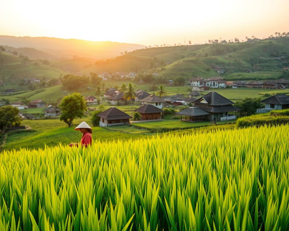 A picturesque landscape of Vietnam, showcasing a harmonious blend of tradition and modernity. In the foreground, a serene rice field with vibrant green rice stalks swaying gently in the breeze. Traditional Vietnamese farmers, dressed in modest, casual clothing, are tending to the crops, adding a human element of connection to the land. In the middle ground, a charming village with traditional thatched-roof houses contrasts with modern architecture peeking in the background, symbolizing Vietnam's evolving identity. The background features rolling hills with lush greenery, under a soft golden sunset light that bathes the scene in warmth. The image should evoke a sense of tranquility and nostalgia, with a slightly elevated angle to capture the depth and character of the landscape.