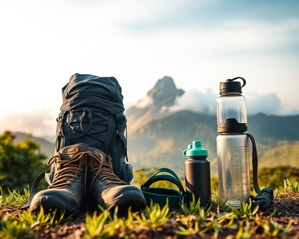 A picturesque scene depicting essential climbing gear for ascending Adam's Peak in Sri Lanka. In the foreground, showcase a well-organized display of hiking equipment: a sturdy pair of trekking boots, a lightweight waterproof backpack, a headlamp, and a durable water bottle. In the middle, include a scenic view of the lush green landscape typical of Sri Lanka, with the majestic Adam's Peak rising in the background, bathed in soft morning light. Use a warm color palette to evoke a serene atmosphere, with clouds gently surrounding the peak. The image should be captured from a low angle, emphasizing the height and grandeur of the mountain while maintaining focus on the climbing equipment in the foreground. The overall mood should be adventurous and inspiring, inviting viewers to prepare for the climb.