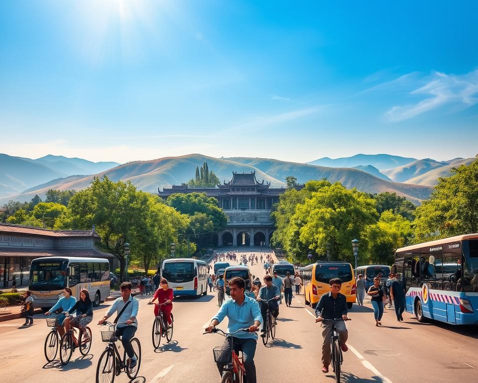 A picturesque scene depicting the vibrant city of Hue, Vietnam, highlighting the main transport routes leading into the city. In the foreground, a well-maintained street bustling with travelers and locals, some on bicycles and others in modest casual clothing, showcasing public transportation options like buses and taxis. The middle ground features lush green trees lining the roads and traditional Vietnamese architecture, such as the iconic Imperial Citadel as a focal point. In the background, softly rolling hills under a bright blue sky with the warm sunlight illuminating the scene, emphasizing a welcoming atmosphere. Use a wide-angle lens to capture the depth of the area and convey a sense of movement as people arrive, evoking a feeling of excitement and ease of access.