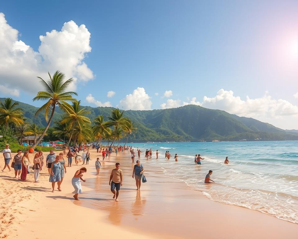 A picturesque scene of Sanya, China, featuring a serene beach with soft golden sands and gentle turquoise waves lapping the shore. In the foreground, a diverse group of tourists dressed in casual, modest summer clothing is engaged in a joyful beach outing, some exploring tidal pools and others taking photos. The middle ground showcases palm trees swaying in the light breeze and colorful beach umbrellas dotting the sand. In the background, the lush, green hills of Sanya rise under a bright blue sky with fluffy white clouds. The lighting is warm and inviting, reminiscent of a perfect sunny day, with the sun positioned at a slight angle to cast soft shadows. The overall mood is relaxed, vibrant, and inviting, emphasizing Sanya as a perfect getaway destination for excursions and day trips. A picturesque scene of Sanya, China, featuring a serene beach with soft golden sands and gentle turquoise waves lapping the shore. In the foreground, a diverse group of tourists dressed in casual, modest summer clothing is engaged in a joyful beach outing, some exploring tidal pools and others taking photos. The middle ground showcases palm trees swaying in the light breeze and colorful beach umbrellas dotting the sand. In the background, the lush, green hills of Sanya rise under a bright blue sky with fluffy white clouds. The lighting is warm and inviting, reminiscent of a perfect sunny day, with the sun positioned at a slight angle to cast soft shadows. The overall mood is relaxed, vibrant, and inviting, emphasizing Sanya as a perfect getaway destination for excursions and day trips.