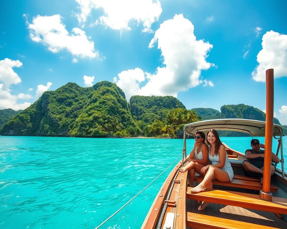 A picturesque scene of island-hopping in Langkawi, Malaysia. In the foreground, a traditional wooden boat with a sun-drenched canopy is anchored near a vibrant turquoise lagoon. Two individuals wearing light, casual summer clothing are smiling and enjoying the view, surrounded by tropical vegetation. In the middle ground, lush green islands rise dramatically, with palm trees swaying gently in the breeze, hinting at nearby adventure destinations. The background features a clear blue sky dotted with fluffy white clouds, casting soft, dappled sunlight on the water. The atmosphere is relaxed and inviting, capturing the essence of a leisurely excursion. The imagery is shot at eye level with a wide-angle lens to emphasize the stunning landscape and create a sense of depth. A picturesque scene of island-hopping in Langkawi, Malaysia. In the foreground, a traditional wooden boat with a sun-drenched canopy is anchored near a vibrant turquoise lagoon. Two individuals wearing light, casual summer clothing are smiling and enjoying the view, surrounded by tropical vegetation. In the middle ground, lush green islands rise dramatically, with palm trees swaying gently in the breeze, hinting at nearby adventure destinations. The background features a clear blue sky dotted with fluffy white clouds, casting soft, dappled sunlight on the water. The atmosphere is relaxed and inviting, capturing the essence of a leisurely excursion. The imagery is shot at eye level with a wide-angle lens to emphasize the stunning landscape and create a sense of depth.