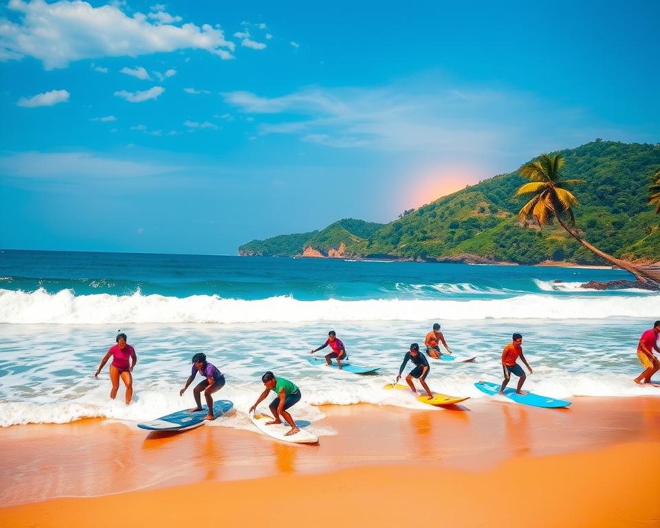 A picturesque scene of surfing at Tangalle Beach, Sri Lanka. In the foreground, a diverse group of surfers of different ethnicities, wearing colorful rash guards and using beginner-friendly surfboards, ride gentle waves under a clear blue sky. The middle ground features soft, crashing waves against the golden sands of the beach, with a couple of palm trees swaying gently in the warm breeze. In the background, the lush green hills create a stunning contrast against the azure ocean, while a vibrant sunset casts a warm golden glow across the water. The atmosphere is lively yet relaxed, capturing the essence of fun and adventure at this tropical paradise. Use natural sunlight to enhance the vivid colors, with a slight tilt-angle to emphasize the dynamic surfing action.