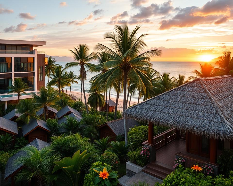 A picturesque scene showcasing various accommodations on Langkawi, Malaysia. In the foreground, a charming beachfront villa with a thatched roof surrounded by lush tropical greenery and colorful flowers. To the left, a modern luxurious hotel with large glass windows reflecting the palm trees swaying in the gentle breeze. In the middle ground, cozy wooden chalets nestled among the trees offer a sense of tranquility. The background features the soft blue waters of the Andaman Sea and a stunning sunset creating a warm, inviting atmosphere, with orange and purple hues in the sky. The lighting is soft and golden, enhancing the tropical vibe. Capture this idyllic setting with a wide-angle lens to showcase the beauty of Langkawi’s natural surroundings, evoking a sense of relaxation and escape. A picturesque scene showcasing various accommodations on Langkawi, Malaysia. In the foreground, a charming beachfront villa with a thatched roof surrounded by lush tropical greenery and colorful flowers. To the left, a modern luxurious hotel with large glass windows reflecting the palm trees swaying in the gentle breeze. In the middle ground, cozy wooden chalets nestled among the trees offer a sense of tranquility. The background features the soft blue waters of the Andaman Sea and a stunning sunset creating a warm, inviting atmosphere, with orange and purple hues in the sky. The lighting is soft and golden, enhancing the tropical vibe. Capture this idyllic setting with a wide-angle lens to showcase the beauty of Langkawi’s natural surroundings, evoking a sense of relaxation and escape.