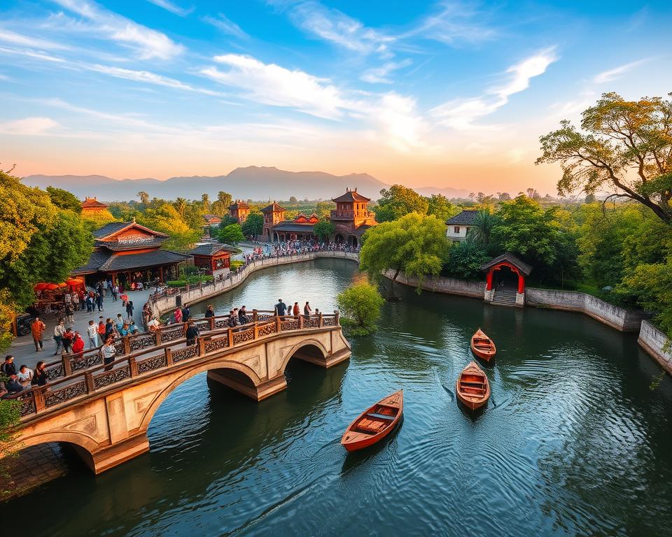 A picturesque view of Hue, Vietnam, featuring a winding river with traditional wooden boats gliding along its surface. In the foreground, an intricate stone bridge adorned with colorful lanterns leads into a vibrant marketplace bustling with locals in modest casual attire. The middle ground showcases iconic historical landmarks like the Imperial City, its ancient walls bathed in soft golden sunlight. Lush greenery and flowering trees surround the area, creating a serene atmosphere. In the background, a misty mountain range fades into a blue sky with wisps of clouds. The scene is captured with a wide-angle lens, emphasizing the beauty of the landscape while maintaining a warm and inviting mood.