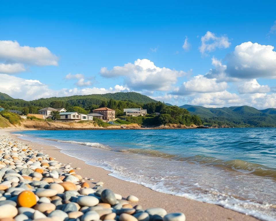 A picturesque view of Naoshima Island in Japan, capturing its serene coastal landscape. In the foreground, include gentle waves lapping against smooth pebbles on a sandy beach. The middle ground showcases the island's charming architecture, featuring modern art museums like the Benesse House, harmoniously integrated into the lush greenery. In the background, rolling hills provide a backdrop against the vibrant blue sky, dotted with fluffy white clouds. The lens captures the scene in soft, natural light, enhancing the tranquil atmosphere of the island. The overall mood is inviting and peaceful, embodying the unique blend of art and nature that defines Naoshima. The image is free from any humans or text, focusing solely on the beauty of the landscape.