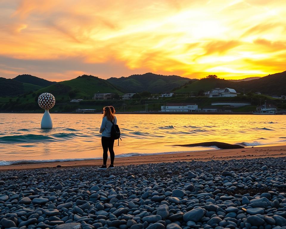 A picturesque view of Naoshima Island showcasing its renowned art installations during a vibrant sunset. In the foreground, a modest beach with smooth pebbles gently lapping waves; a couple of travelers, dressed in casual, yet stylish clothing, contemplating a sculpture by Yayoi Kusama. The middle ground features lush, green hills dotted with contemporary art museums, such as the Benesse House, harmoniously blending into the landscape. The background displays a stunning, golden sky slowly transitioning to deep blue, enhancing the peaceful atmosphere. The scene is illuminated by warm, soft lighting, creating a tranquil mood, evoking a sense of adventure and cultural appreciation. Shot from a low angle to capture the expansive view of both the artworks and the serene seascape.