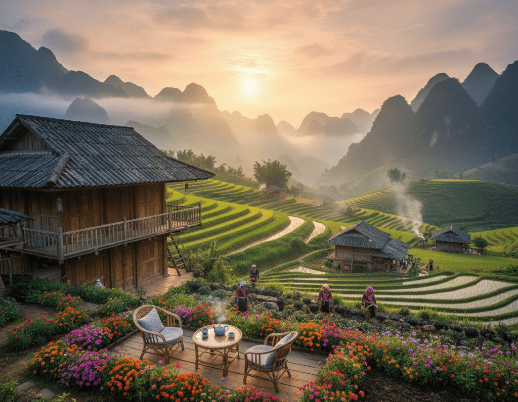 A picturesque view of a cozy homestay in the mountainous region of Ha Giang Loop, Vietnam. In the foreground, traditional wooden architecture blends harmoniously with vibrant flower gardens. A welcoming porch with comfortable chairs invites travelers to relax. In the middle ground, lush green rice terraces gracefully ascend the hills, dotted with small, rustic hostels and homestays, with local villagers dressed in colorful ethnic attire engaged in daily activities. The distant background showcases majestic, mist-covered mountains under a soft, golden sunrise, casting warm light across the scene. The atmosphere is serene and inviting, perfect for adventure-seekers and nature lovers. Shot with a wide-angle lens, emphasizing the beauty of the landscape and its accommodations.